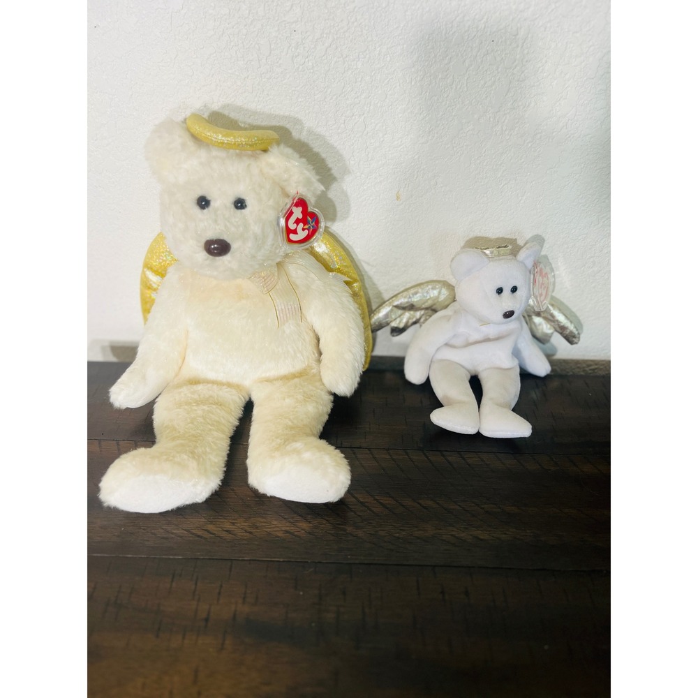 Ty Beanie Buddy Halo & Beanie Baby Halo II Angel Bear Set Gold Silver Wings NEW
